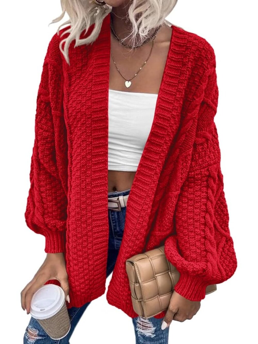 Women's Red Lantern Style Long Sleeve Oversized Knit Cardigan Sweater